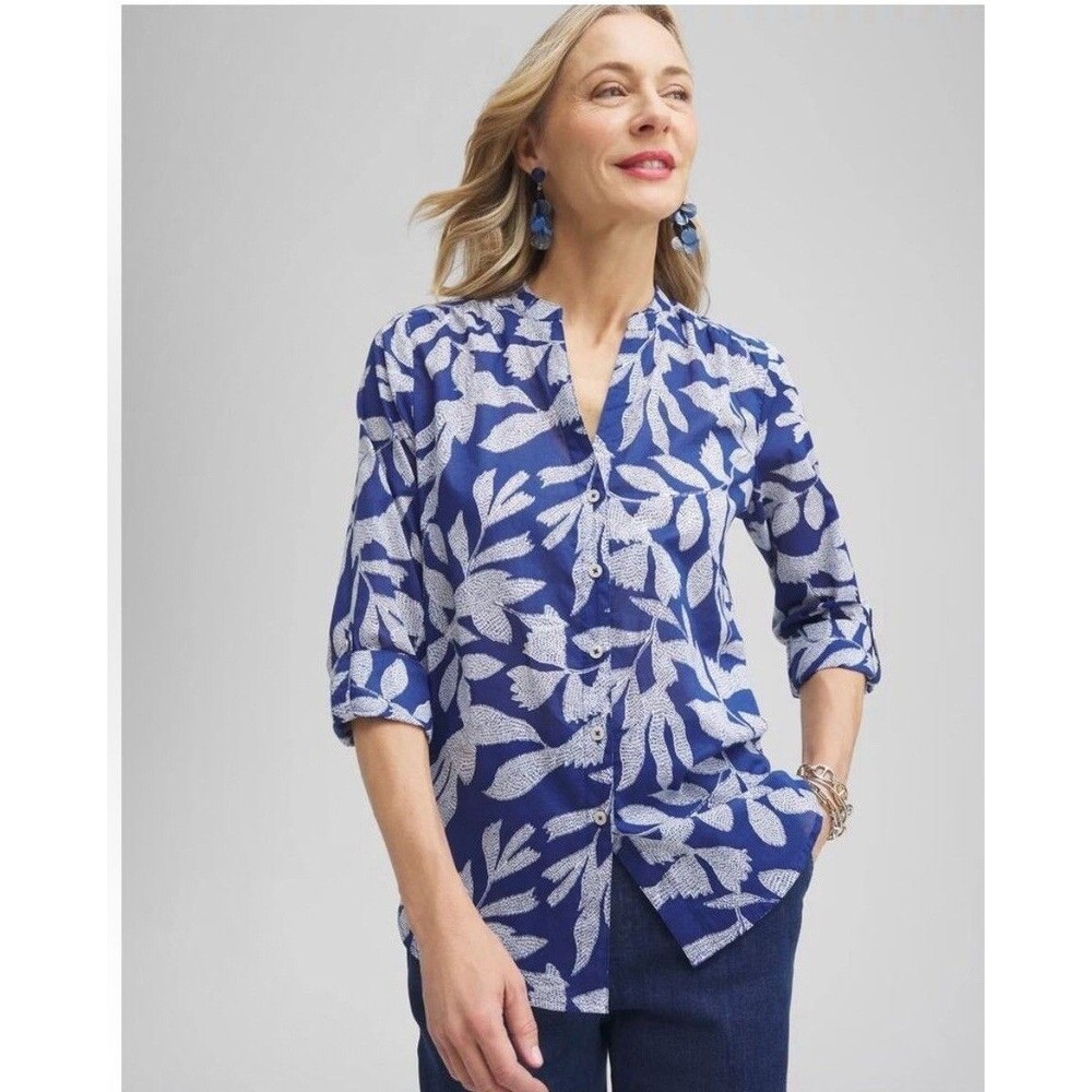 Chico's Cotton Leaf Print Button Up Tab Sleeve Shirt Blouse Blue White Size 12